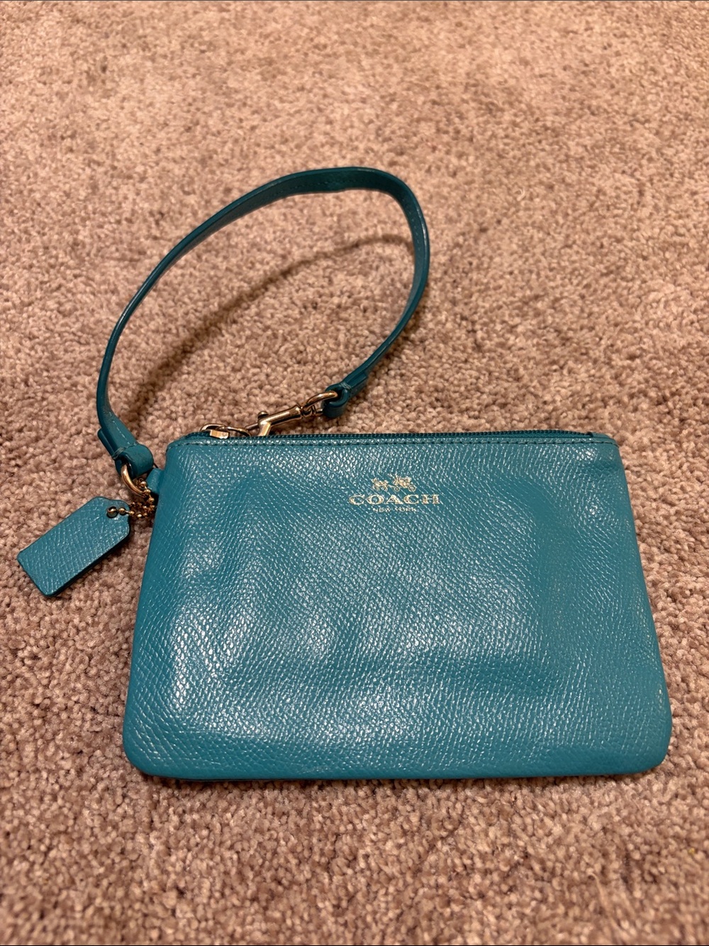 Coach Corner Zip Wristlet in Turquoise Blue Pebbled Leather